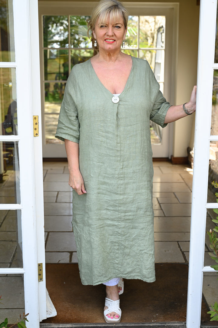 Pure Linen Midaxi Dress | Khaki