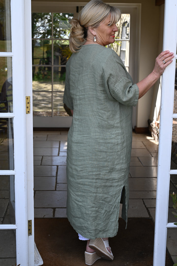Pure Linen Midaxi Dress | Khaki