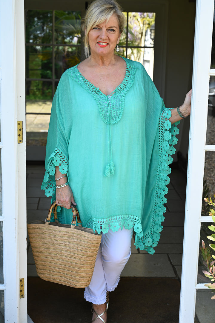 Crochet Border Cotton Kaftan | Green