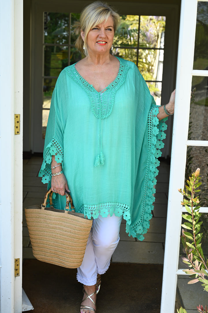 Crochet Border Cotton Kaftan | Green