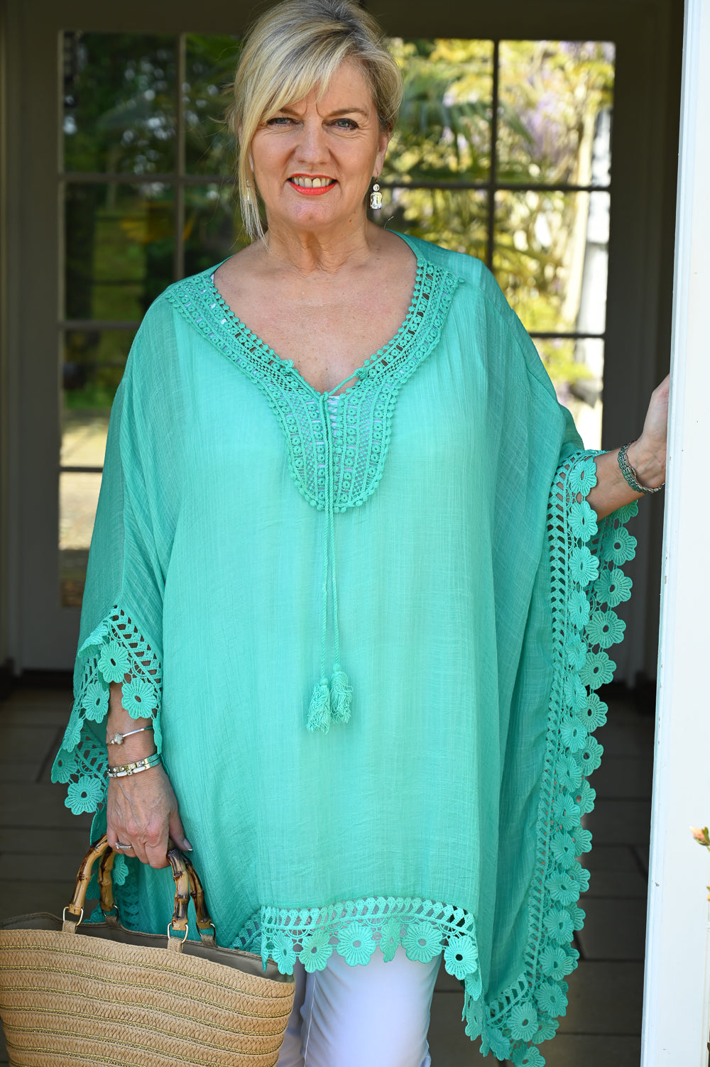 Crochet Border Cotton Kaftan | Green