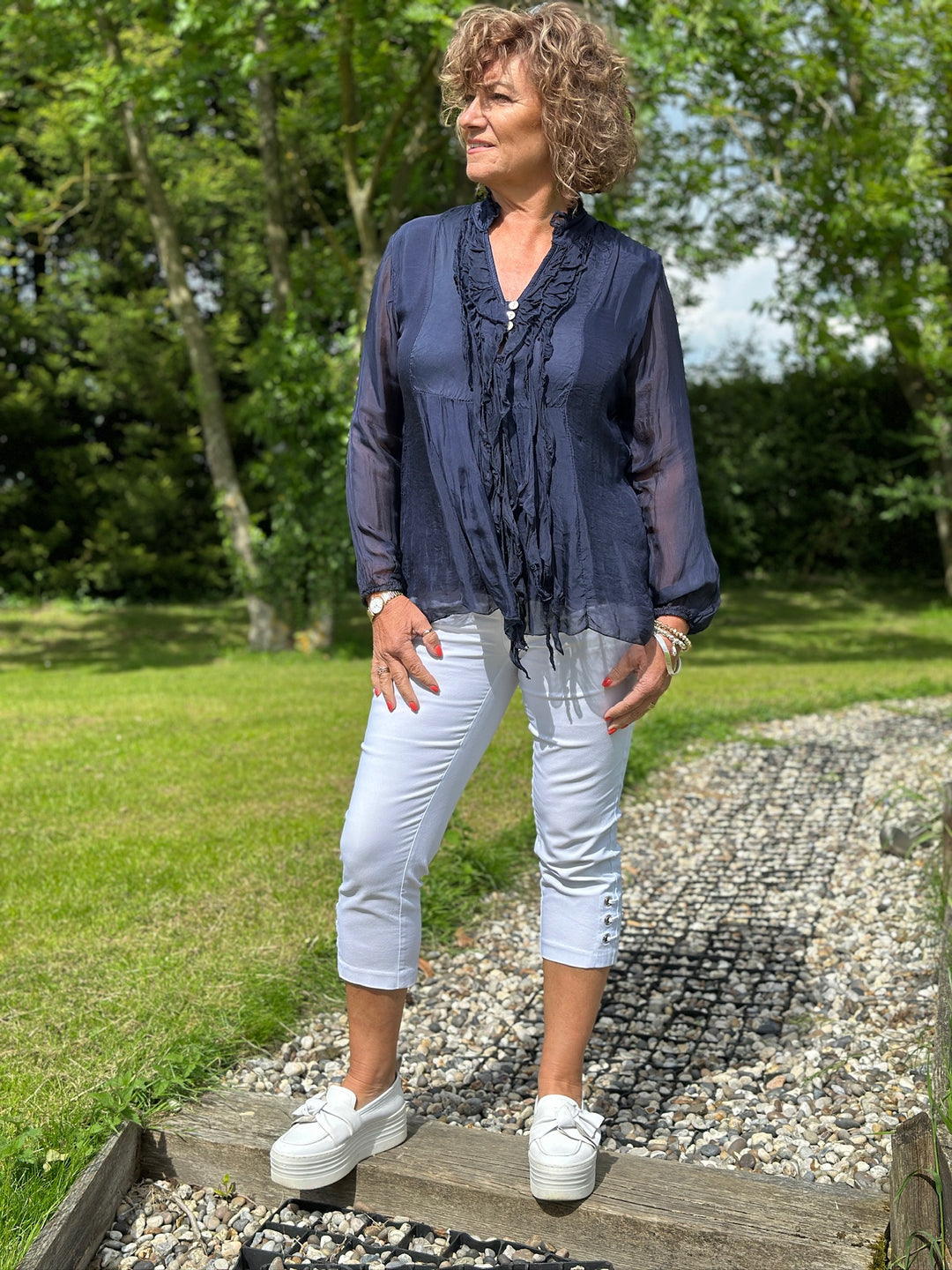 Ruffled Silk Blend Blouse | Navy