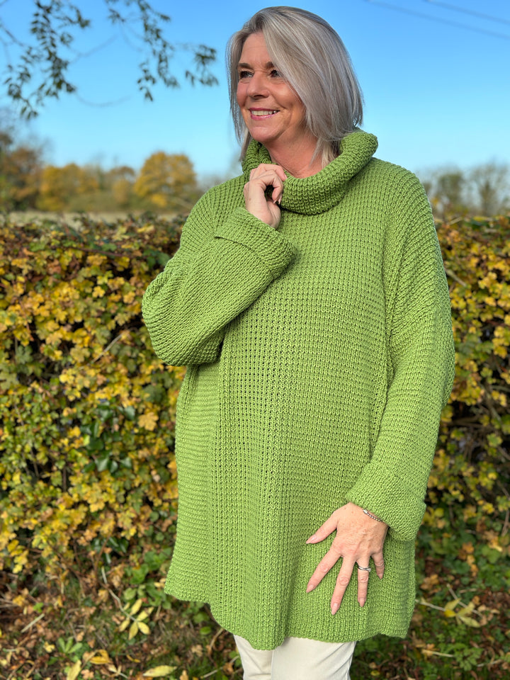 Longline Waffle Knit Cowl Neck Jumper | Olive