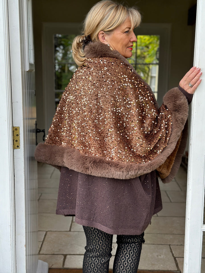 Sequin Faux Fur Wrap | Brown/Copper