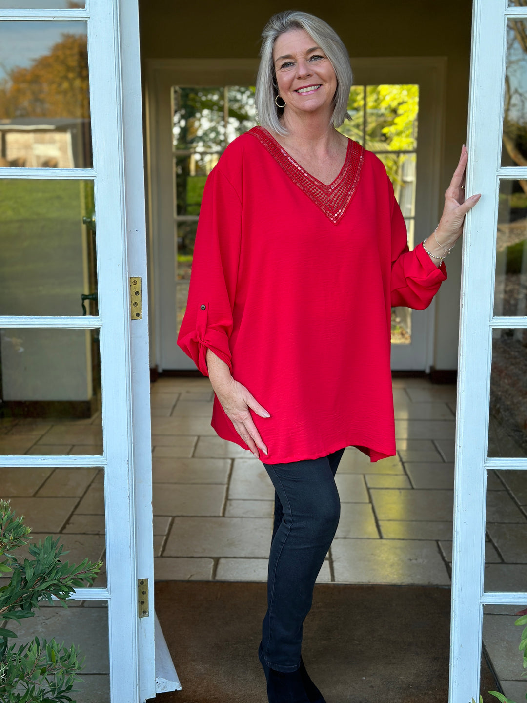 Sequin V-Neck Roll Tab Blouse | Red