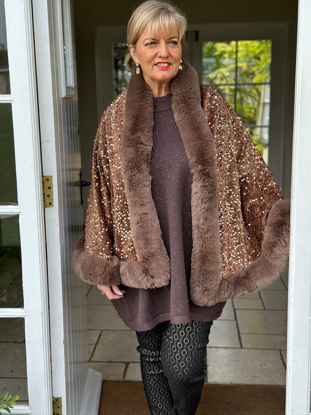 Sequin Faux Fur Wrap | Brown/Copper