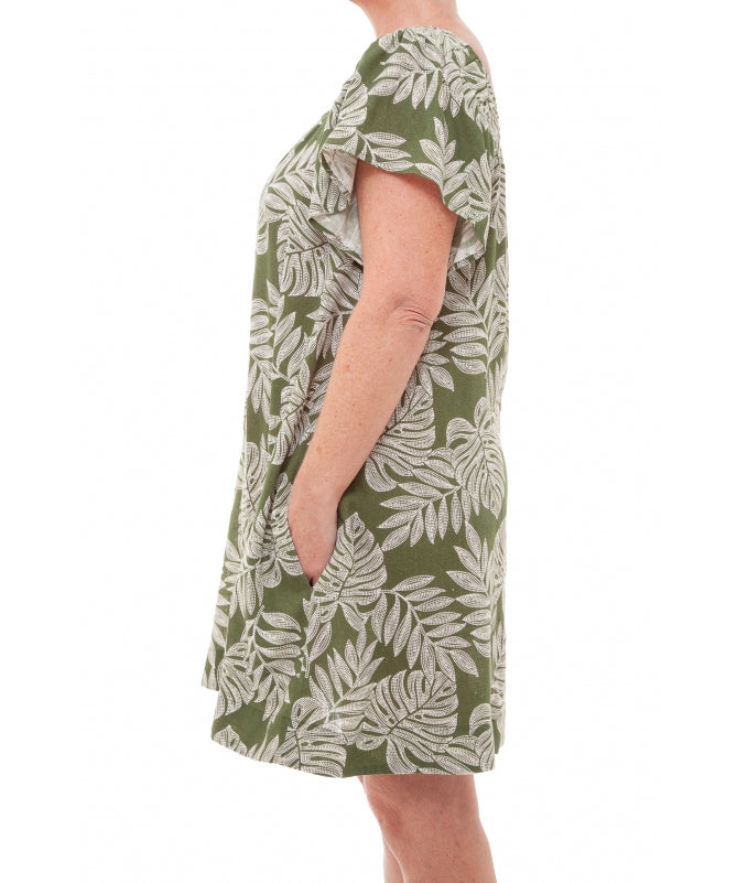 Botanical Leaf Print Summer Dress | Khaki