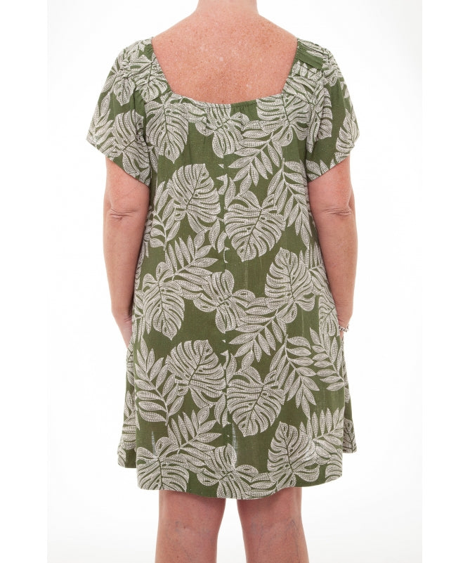 Botanical Leaf Print Summer Dress | Khaki