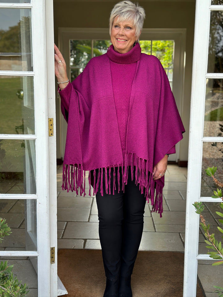 Cable Roll Neck Jumper & Poncho Style Wrap 2 Piece | Magenta