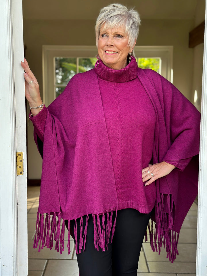 Cable Roll Neck Jumper & Poncho Style Wrap 2 Piece | Magenta