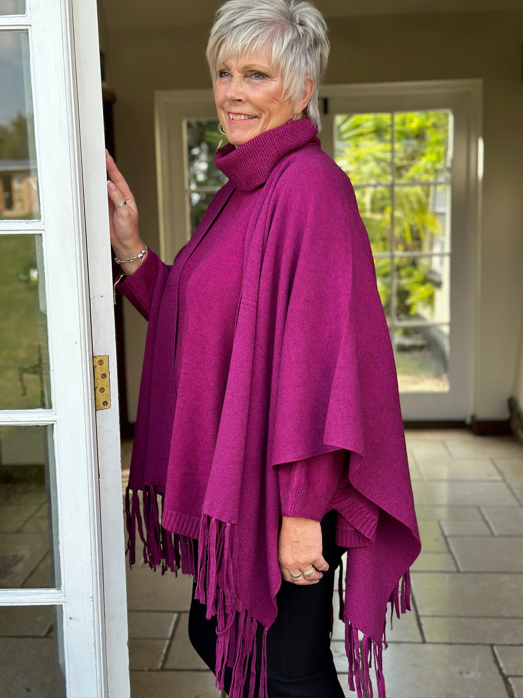 Cable Roll Neck Jumper & Poncho Style Wrap 2 Piece | Magenta