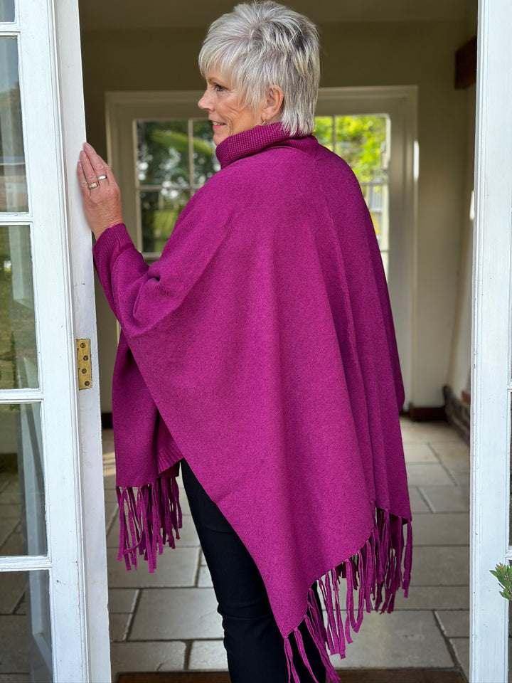 Cable Roll Neck Jumper & Poncho Style Wrap 2 Piece | Magenta