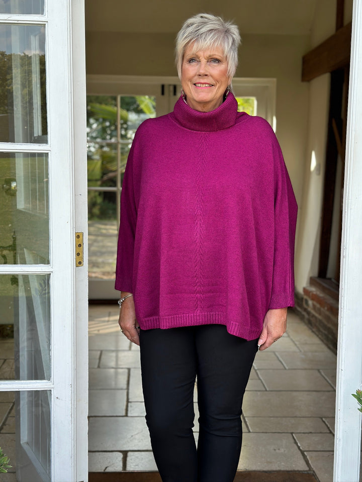 Cable Roll Neck Jumper & Poncho Style Wrap 2 Piece | Magenta