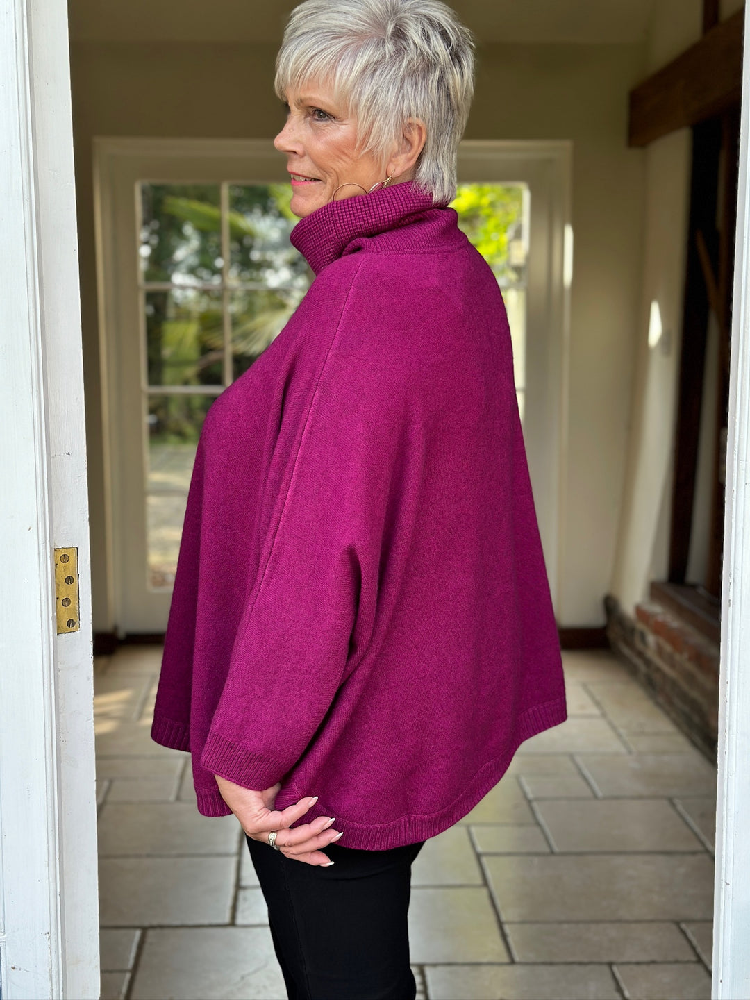 Cable Roll Neck Jumper & Poncho Style Wrap 2 Piece | Magenta