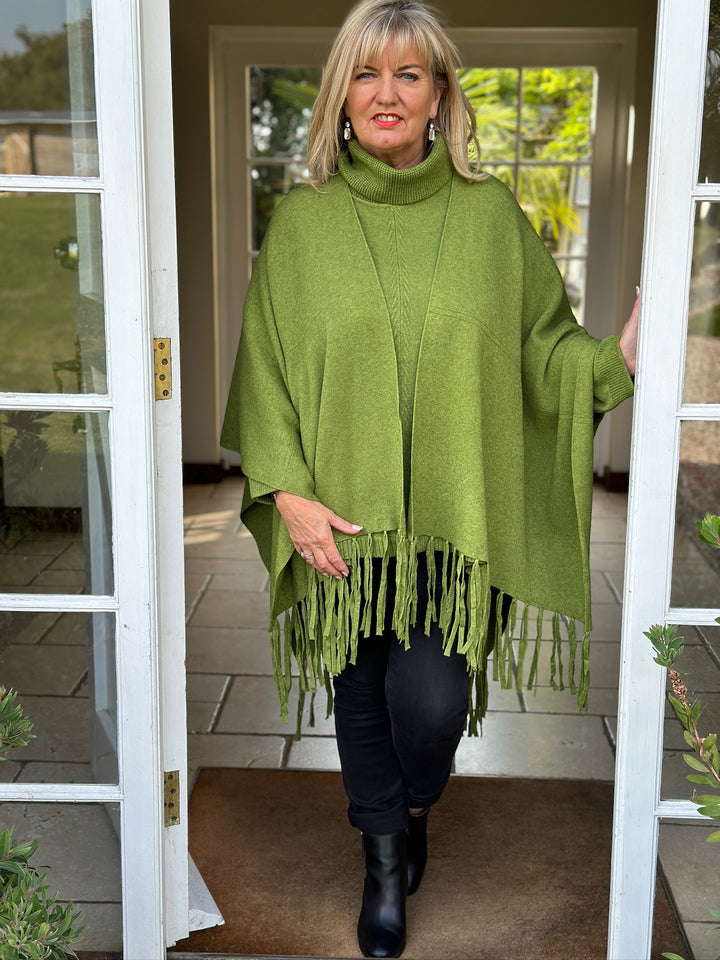 Cable Roll Neck Jumper & Poncho Style Wrap 2 Piece | Leaf Green