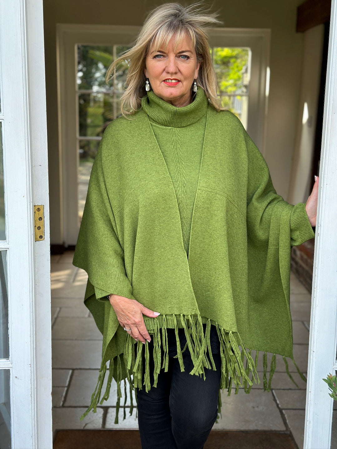 Cable Roll Neck Jumper & Poncho Style Wrap 2 Piece | Leaf Green