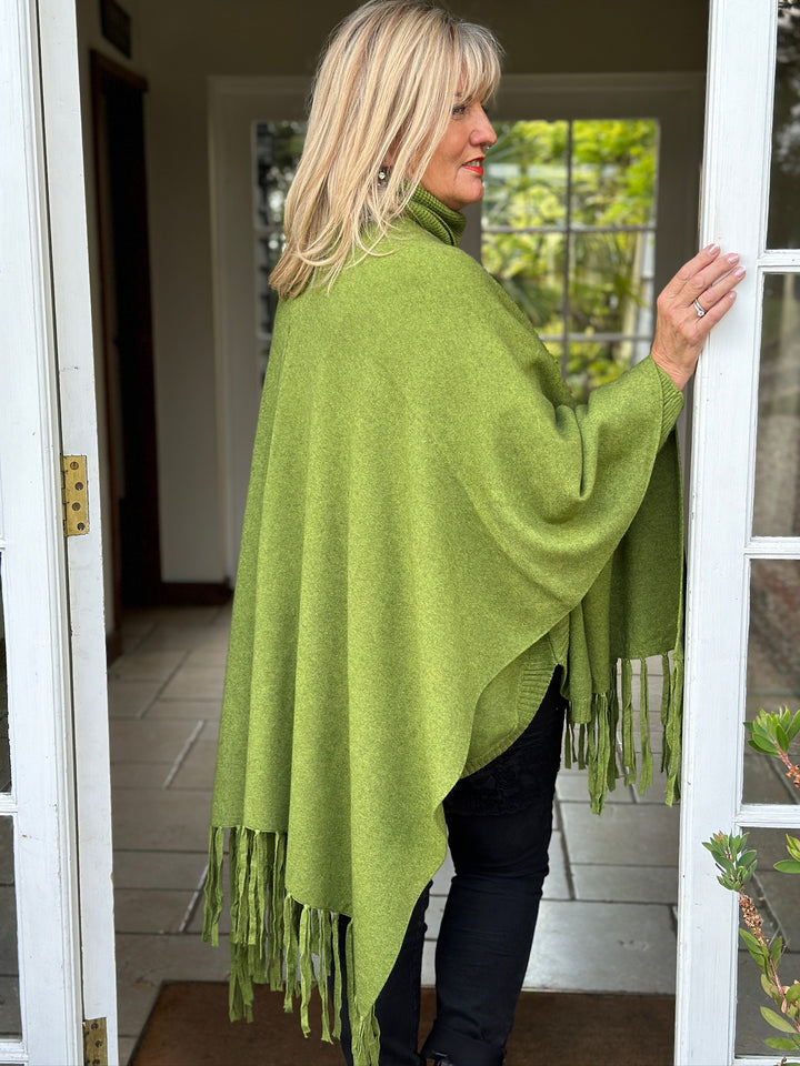 Cable Roll Neck Jumper & Poncho Style Wrap 2 Piece | Leaf Green