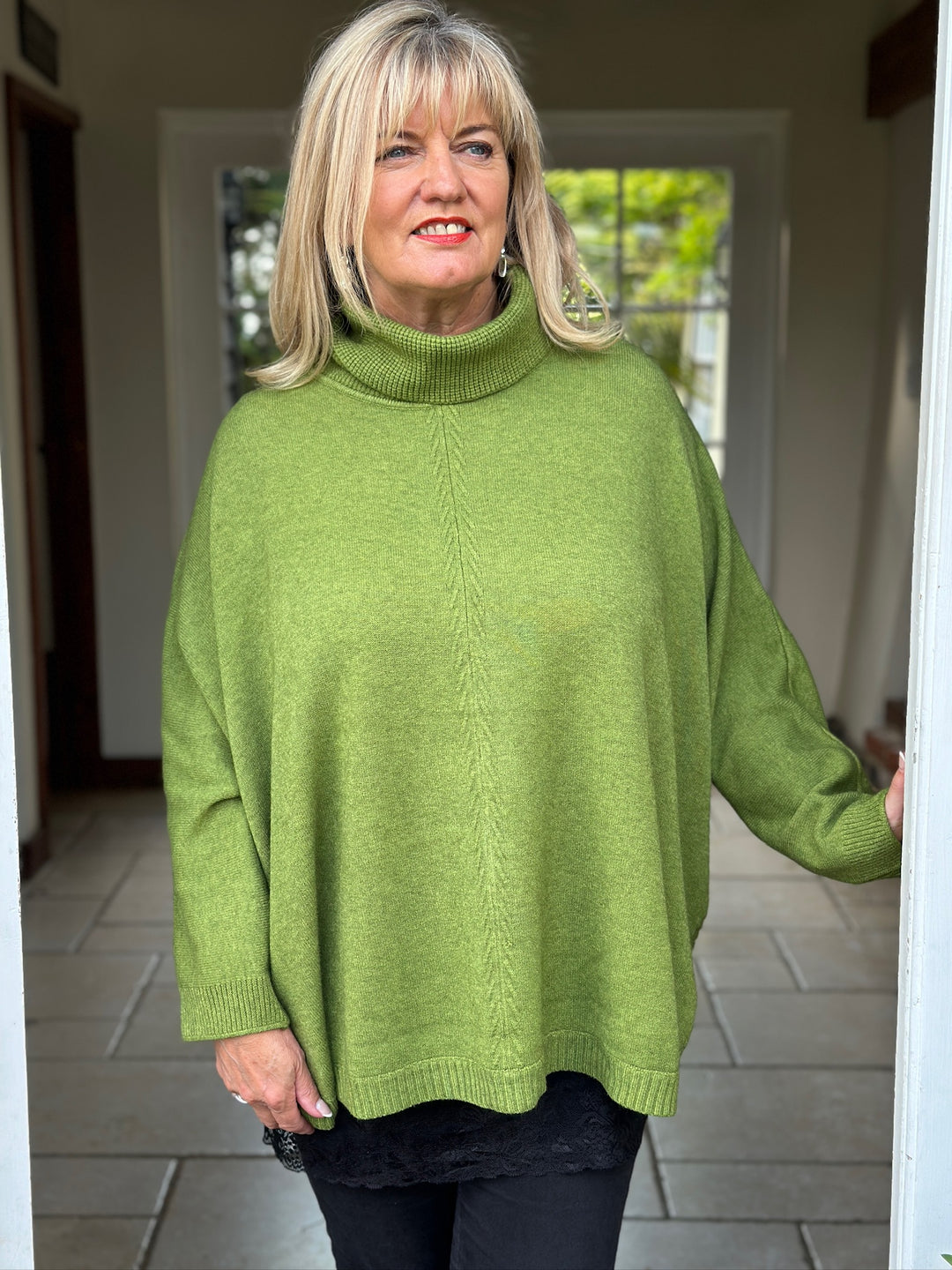 Cable Roll Neck Jumper & Poncho Style Wrap 2 Piece | Leaf Green