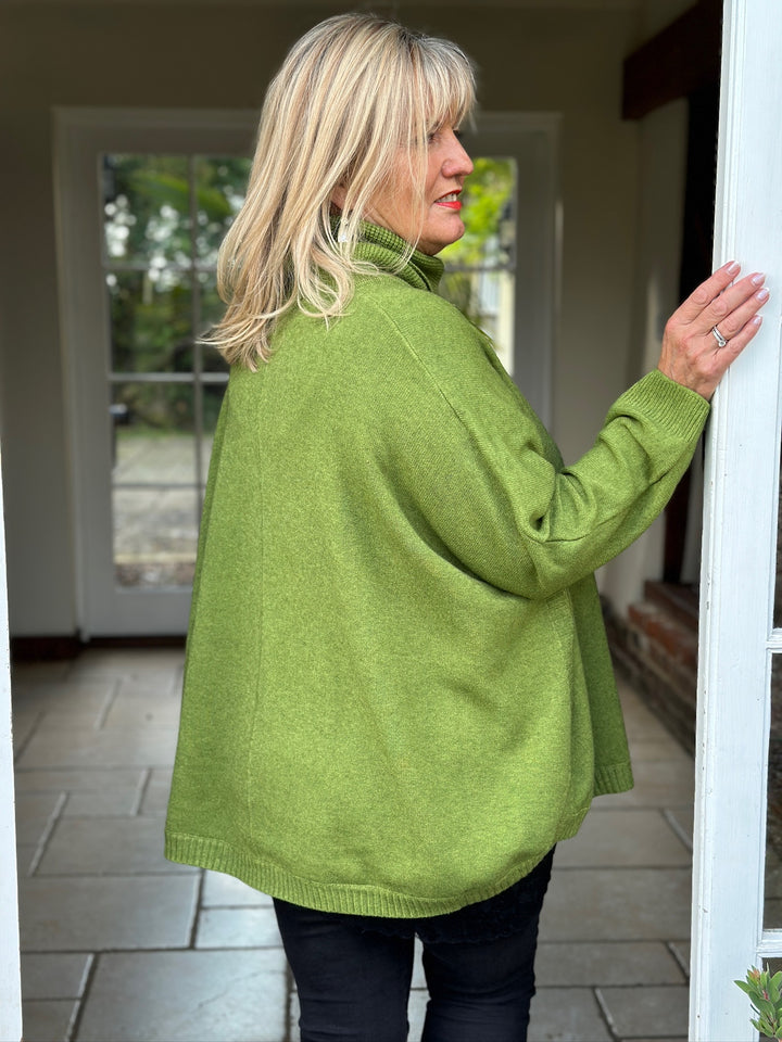 Cable Roll Neck Jumper & Poncho Style Wrap 2 Piece | Leaf Green