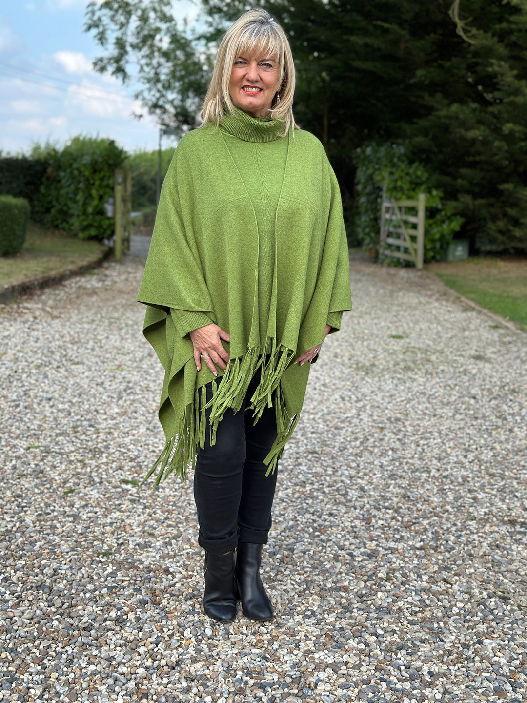 Cable Roll Neck Jumper & Poncho Style Wrap 2 Piece | Leaf Green