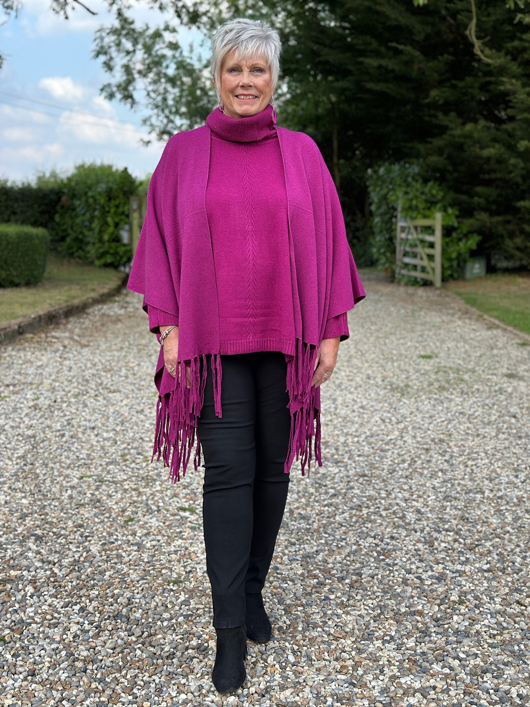 Cable Roll Neck Jumper & Poncho Style Wrap 2 Piece | Magenta