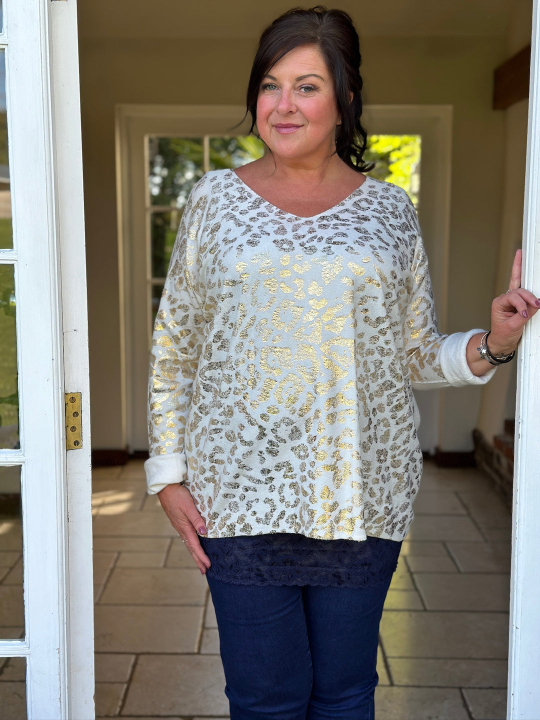 Metallic Leopard Print Jumper | Cream