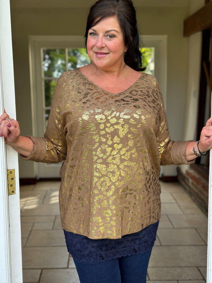 Metallic Leopard Print Jumper | Tan