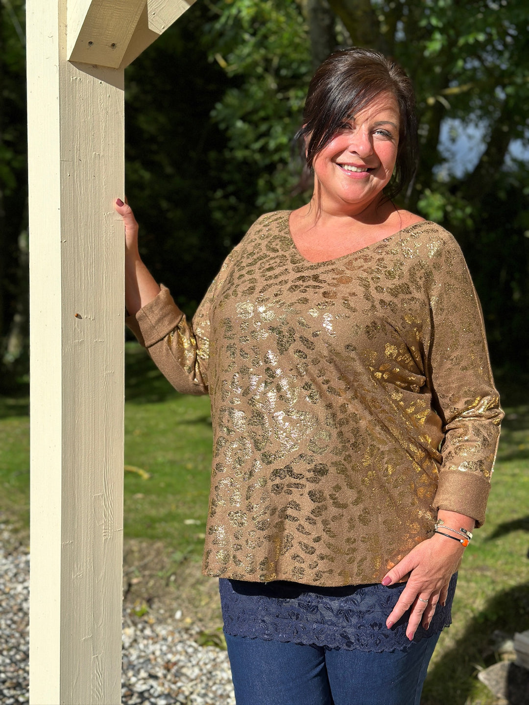 Metallic Leopard Print Jumper | Tan