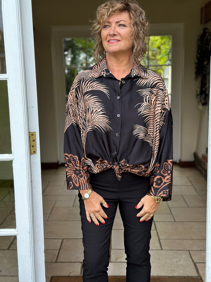 Satin Feel Floral Palm Shirt | Black