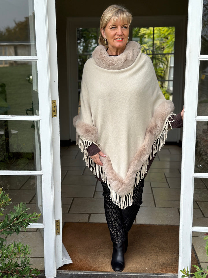 Faux Fur Poncho -  PIA ROSSINI | Beige