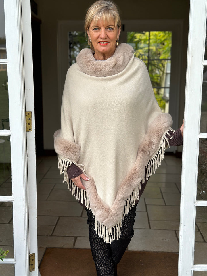 Faux Fur Poncho -  PIA ROSSINI | Beige