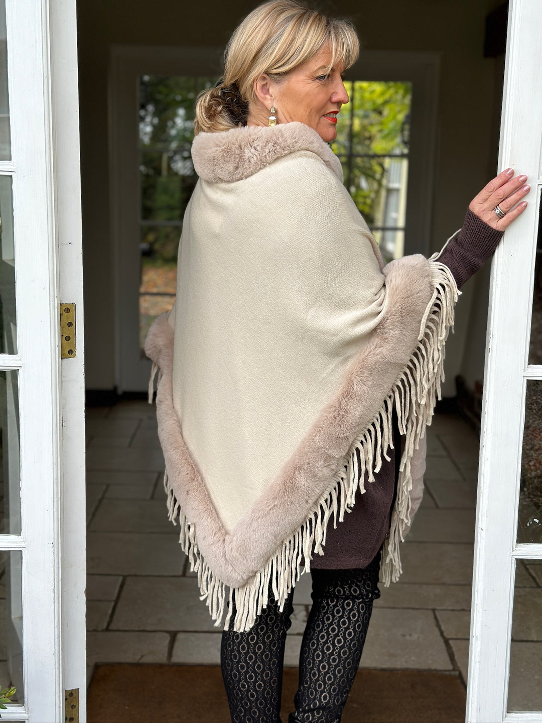 Faux Fur Poncho -  PIA ROSSINI | Beige