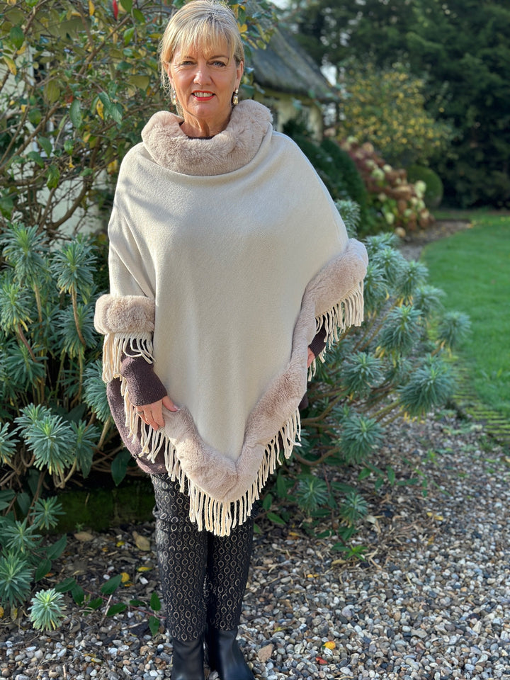 Faux Fur Poncho -  PIA ROSSINI | Beige