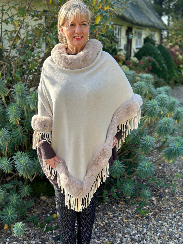 Faux Fur Poncho -  PIA ROSSINI | Beige