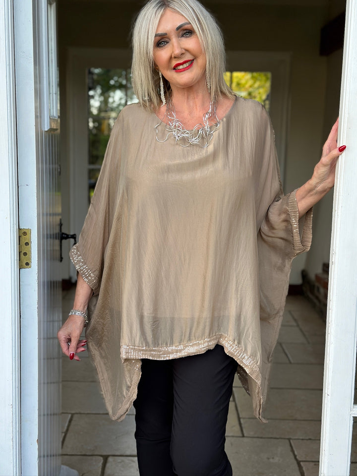 Sequin Silk Blend Top | Camel