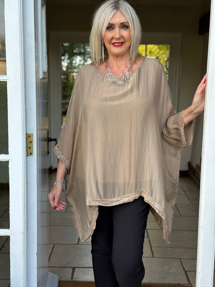 Sequin Silk Blend Top | Camel