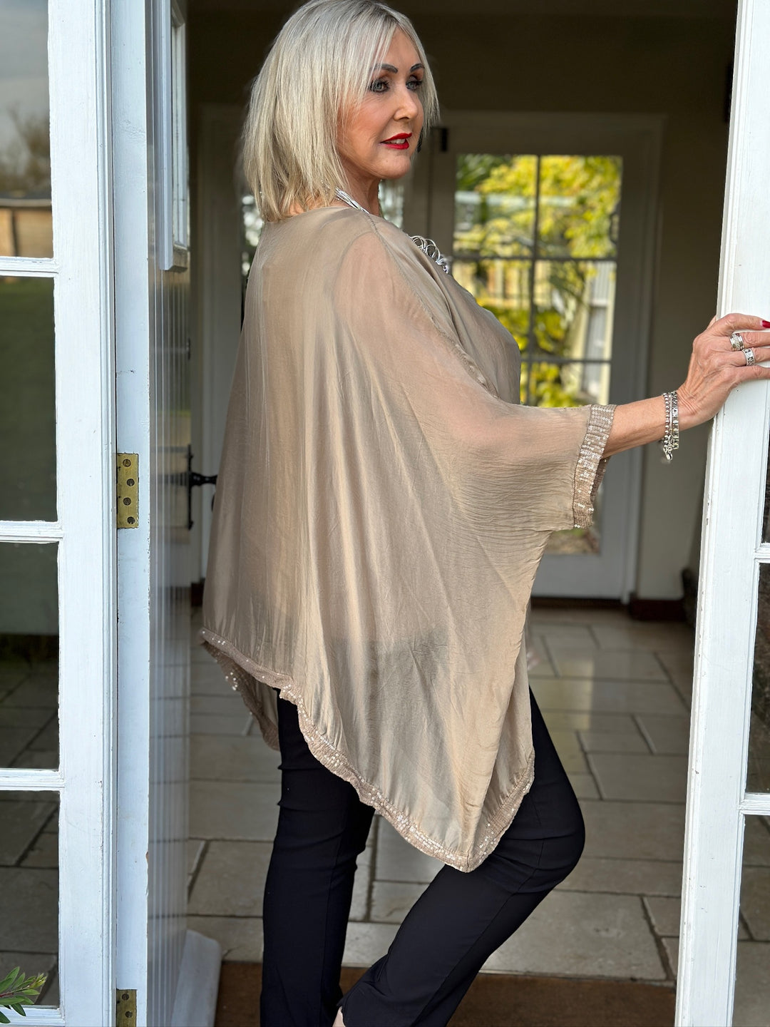 Sequin Silk Blend Top | Camel