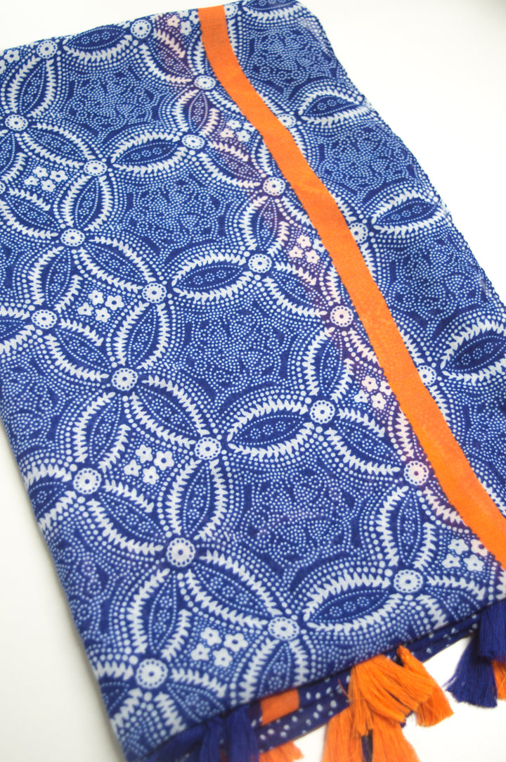 Royal Blue and Orange Geometric Tassel Scarf