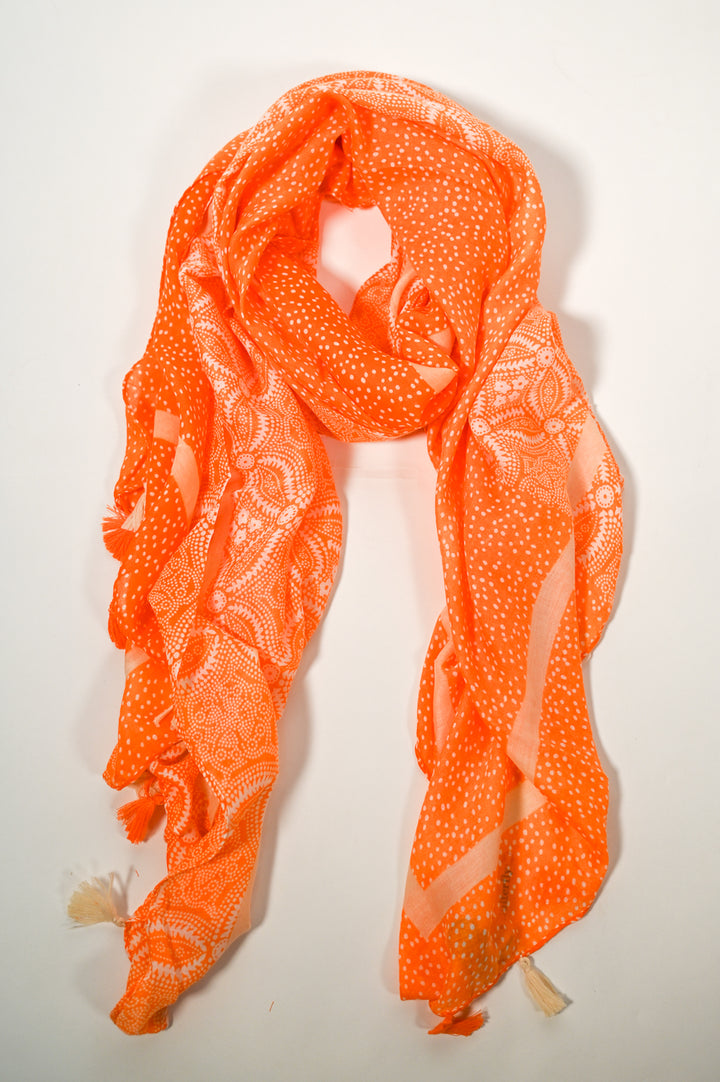 Orange and Beige Geometric Tassel Scarf