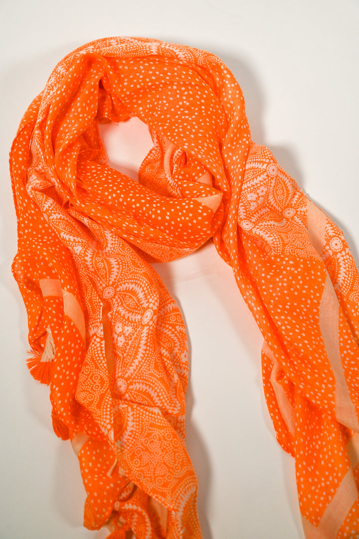 Orange and Beige Geometric Tassel Scarf