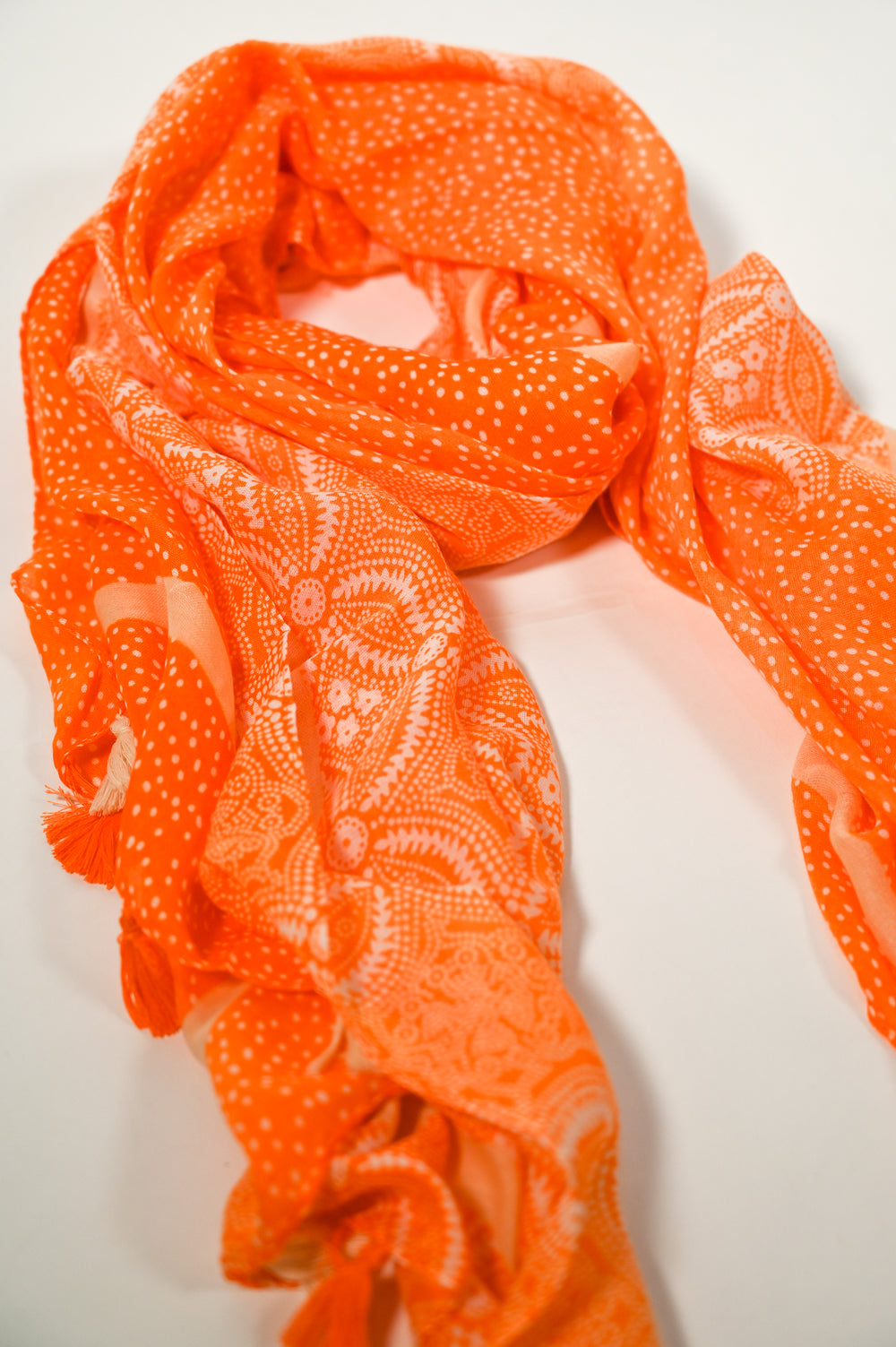 Orange and Beige Geometric Tassel Scarf