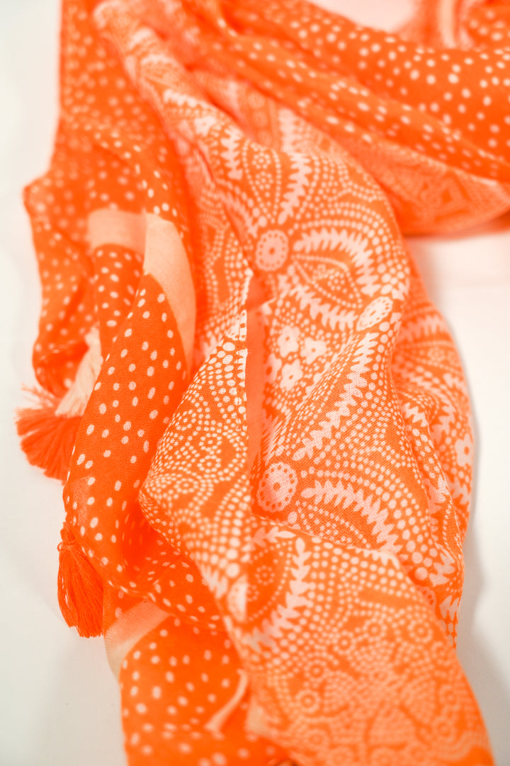 Orange and Beige Geometric Tassel Scarf